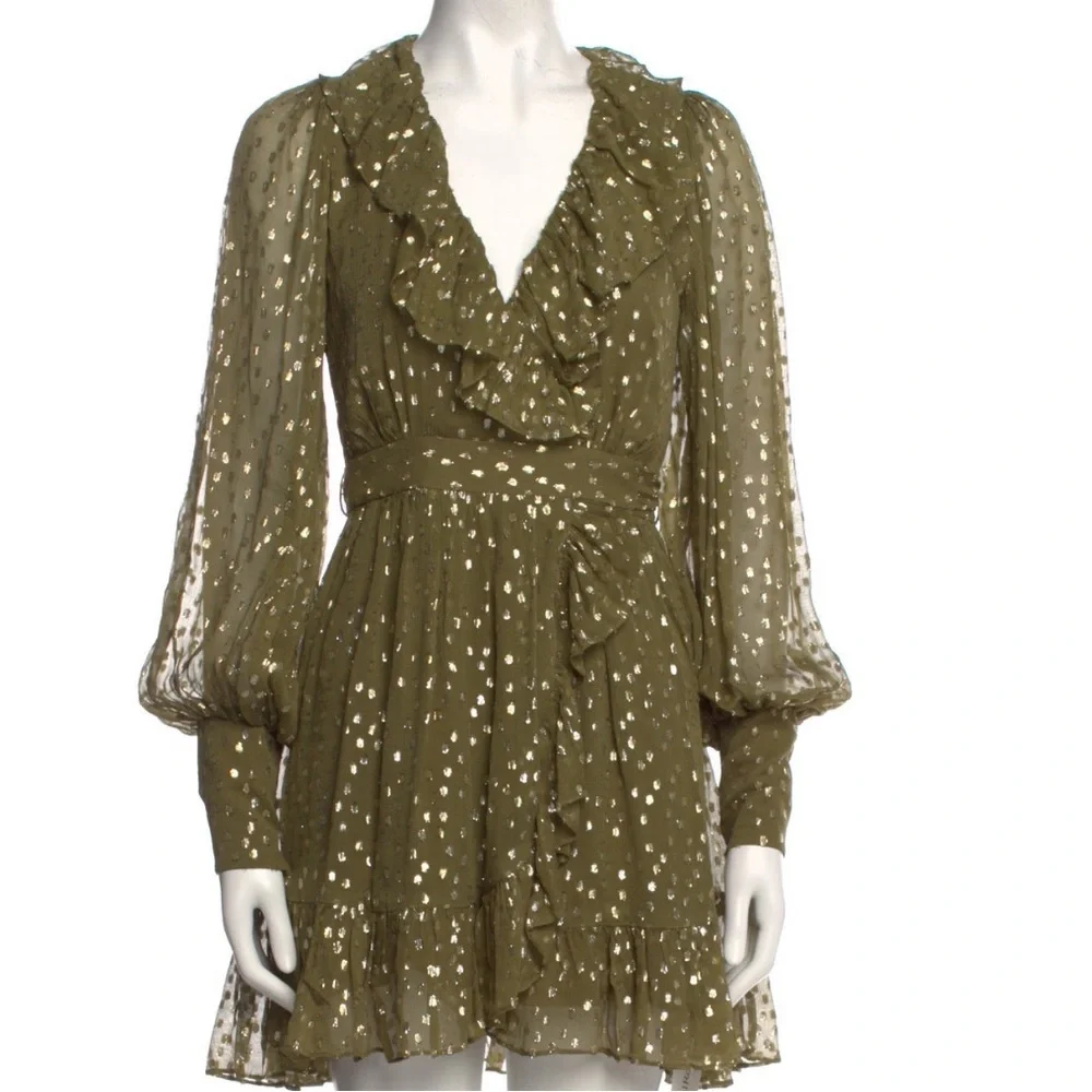 ZIMMERMANN $650 Ruffled Metallic Silk Wrap Mini Dress Size M Green Khaki Summer - Picture 4 of 6